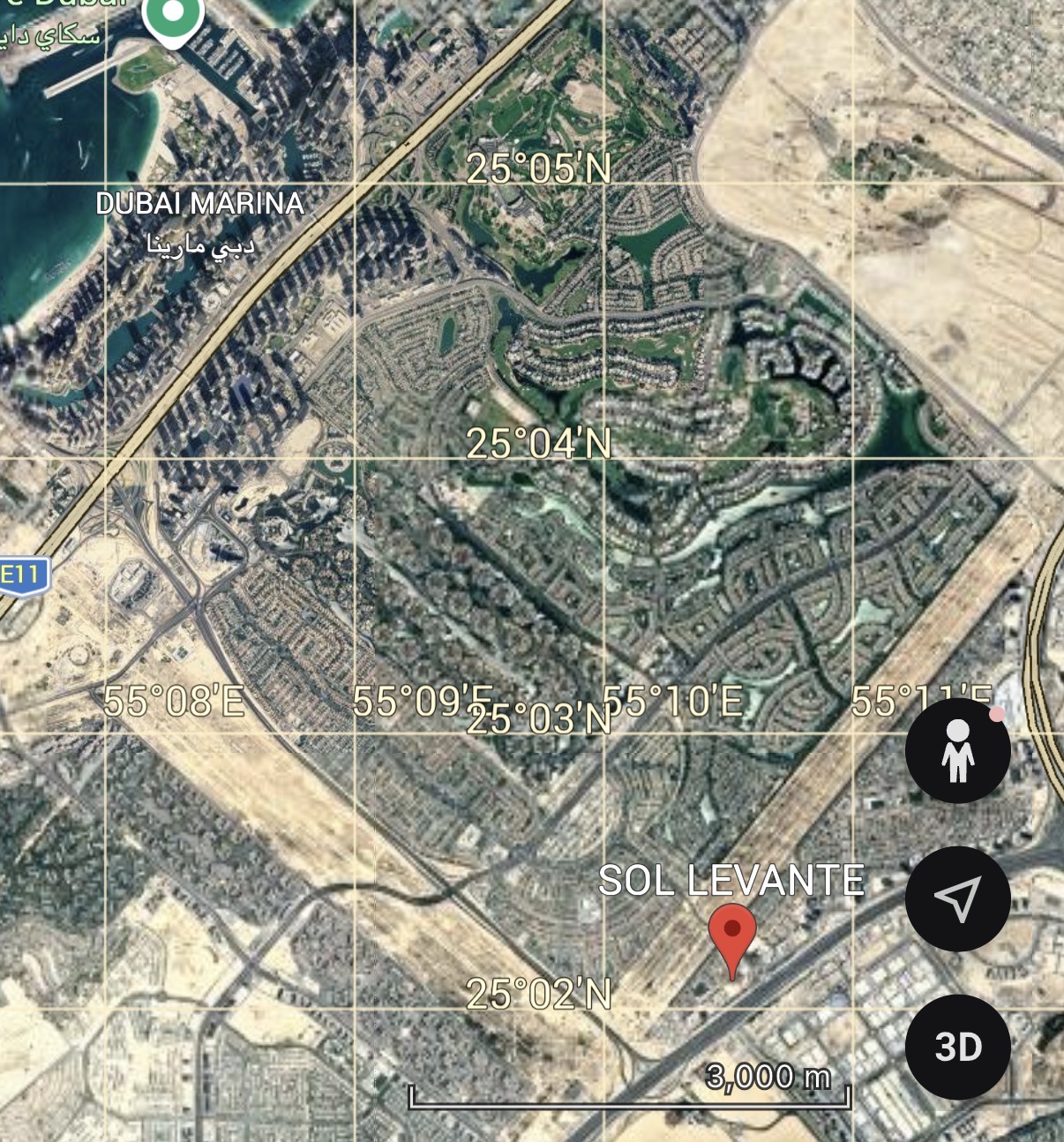 Satellite map showing the Sol Levante location in Jumeirah Village Triangle, with Dubai Marina to the north-west