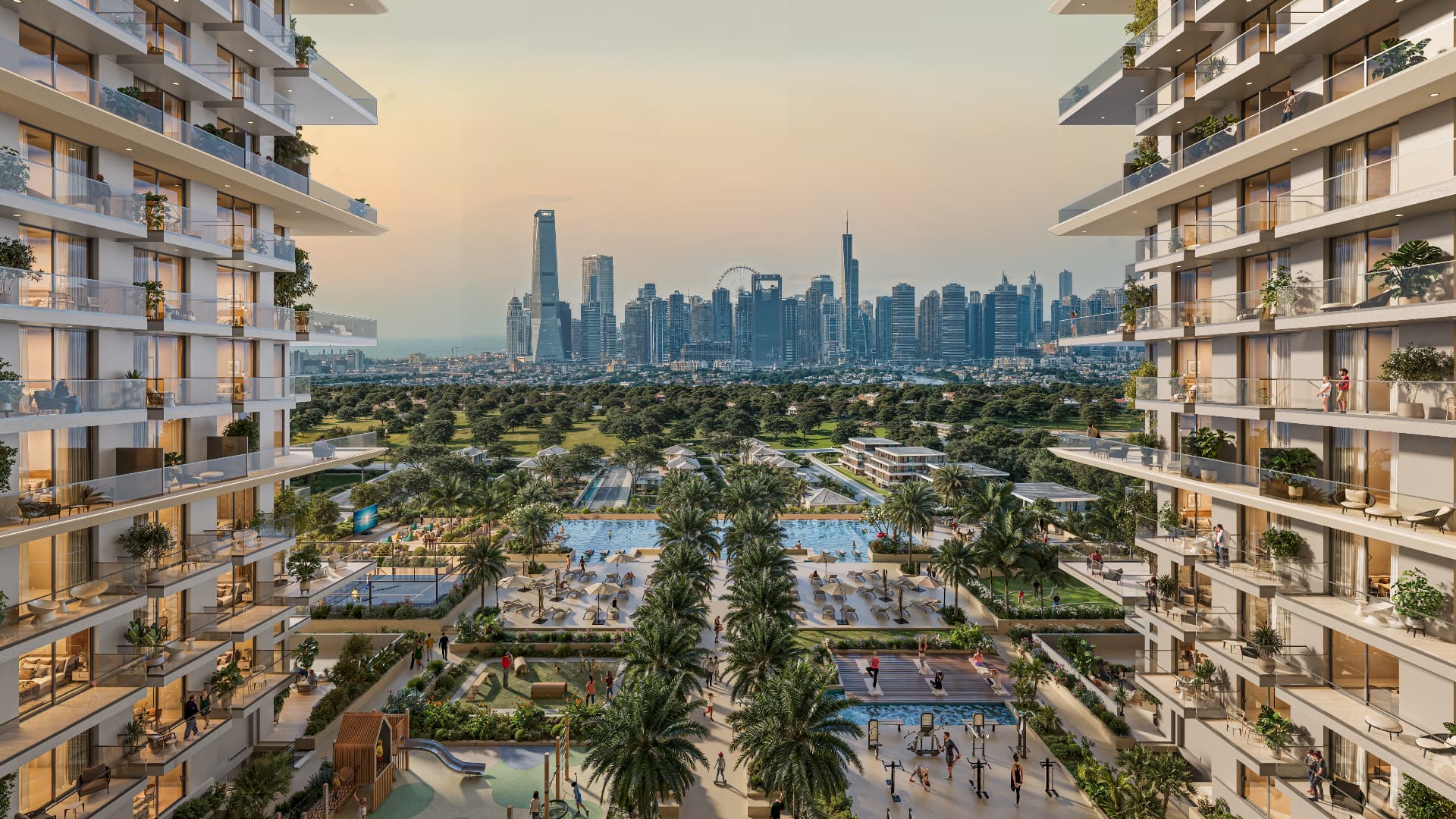 Aerial view of the Sol Levante leisure podium with the Dubai skyline beyond
